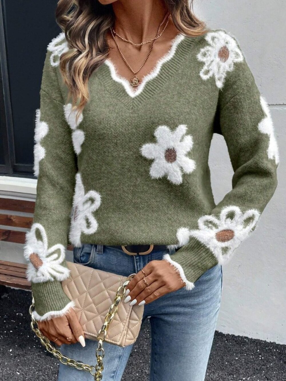Women's Army Green Floral Jacquard Sweater – Long Sleeve Knit Pullover - Picture 5 of 5
